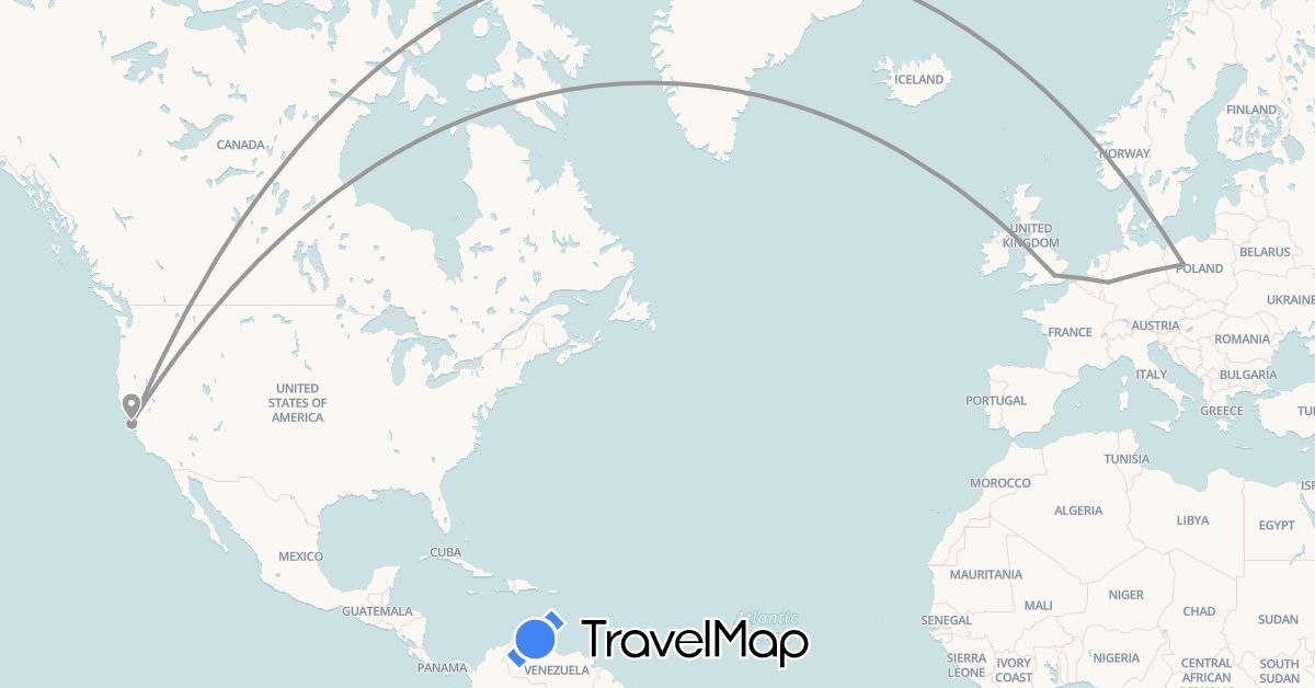 TravelMap itinerary: driving, plane in Germany, United Kingdom, Poland, United States (Europe, North America)